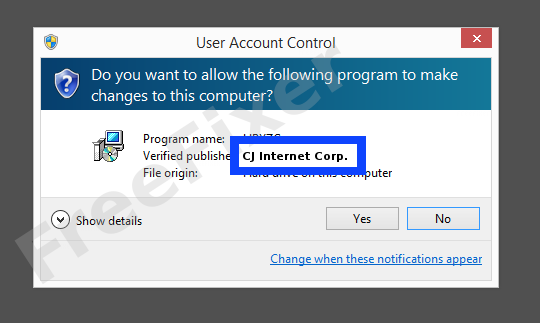 Screenshot where CJ Internet Corp. appears as the verified publisher in the UAC dialog